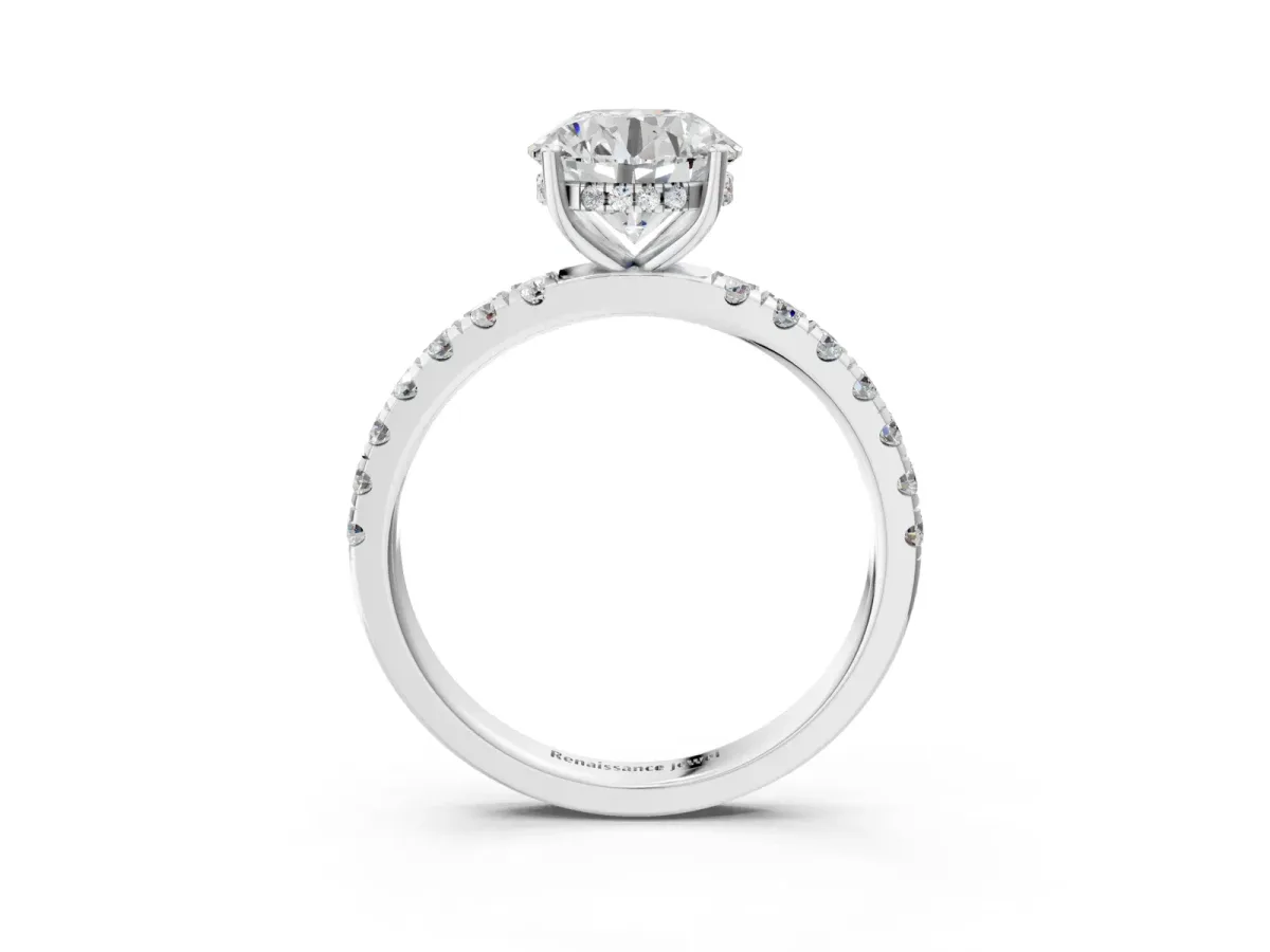 Round Cut Diamond Pave Band Solitaire Ring with Round and Prong Setting Platinum