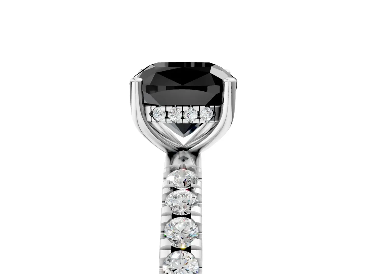 Fancy Black Cushion Cut Diamond Pave Band Solitaire Ring with Round and Prong Setting Silver