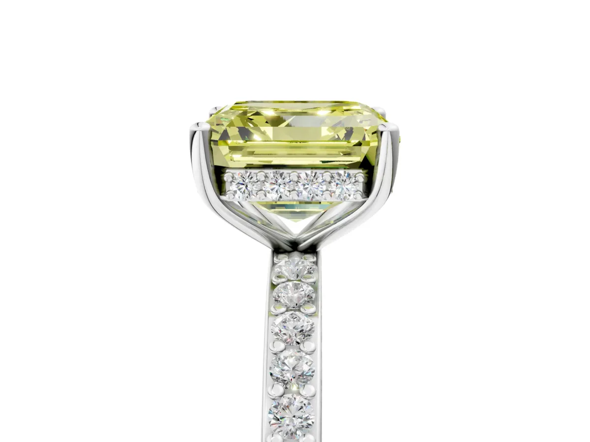 Fancy Yellow Asscher Cut Cut Diamond Pavé Band Ring with Four-Prong Setting Platinum