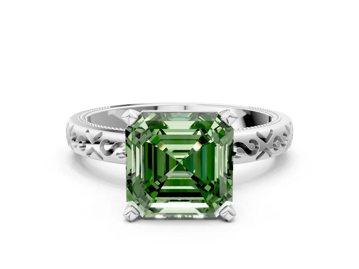 Fancy Green Asscher Cut Solitaire Engagement Ring with Scrollwork Band and Four-Prong Setting Platinum