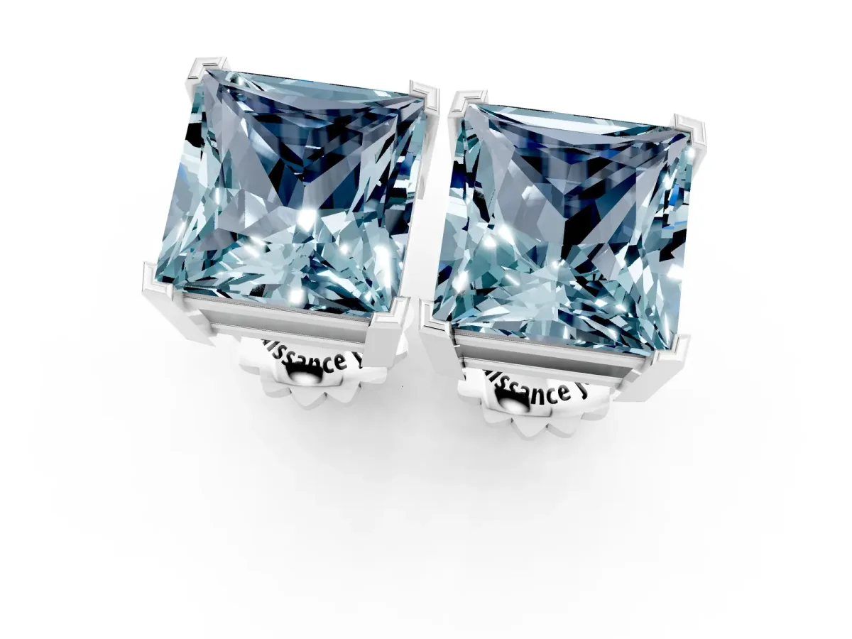 Princess Cut Aquamarine Stud Earrings Silver