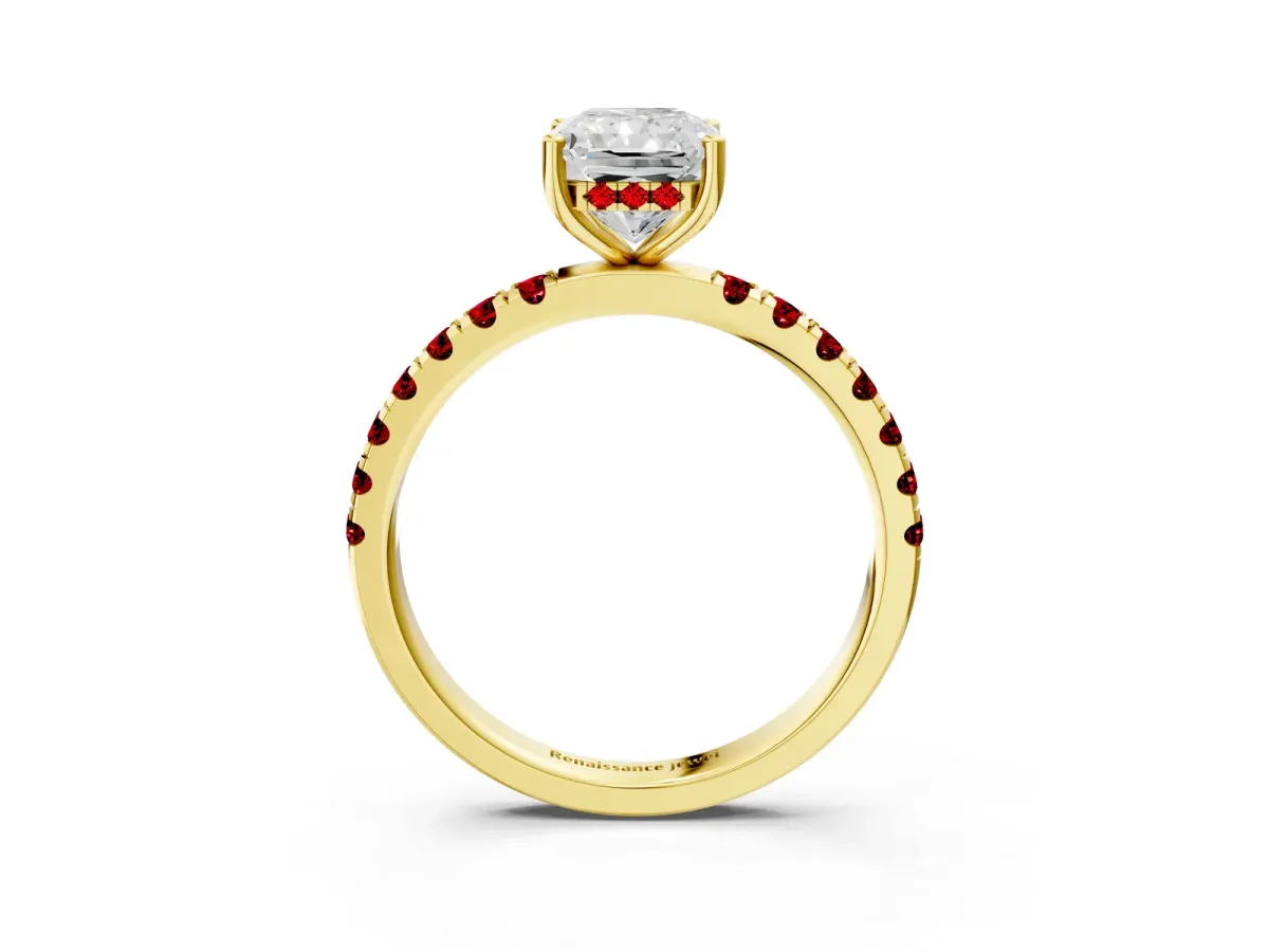 Radiant Cut Diamond Pave Band Solitaire Ring with Round Ruby and Prong Setting Yellow gold