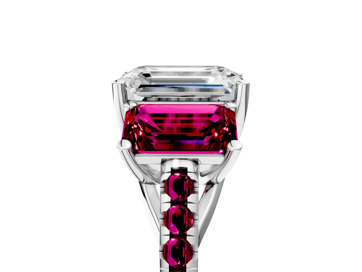 Three-Stone Emerald Cut Diamond Ring with Round Garnet Pavé Band and Prong Setting Platinum