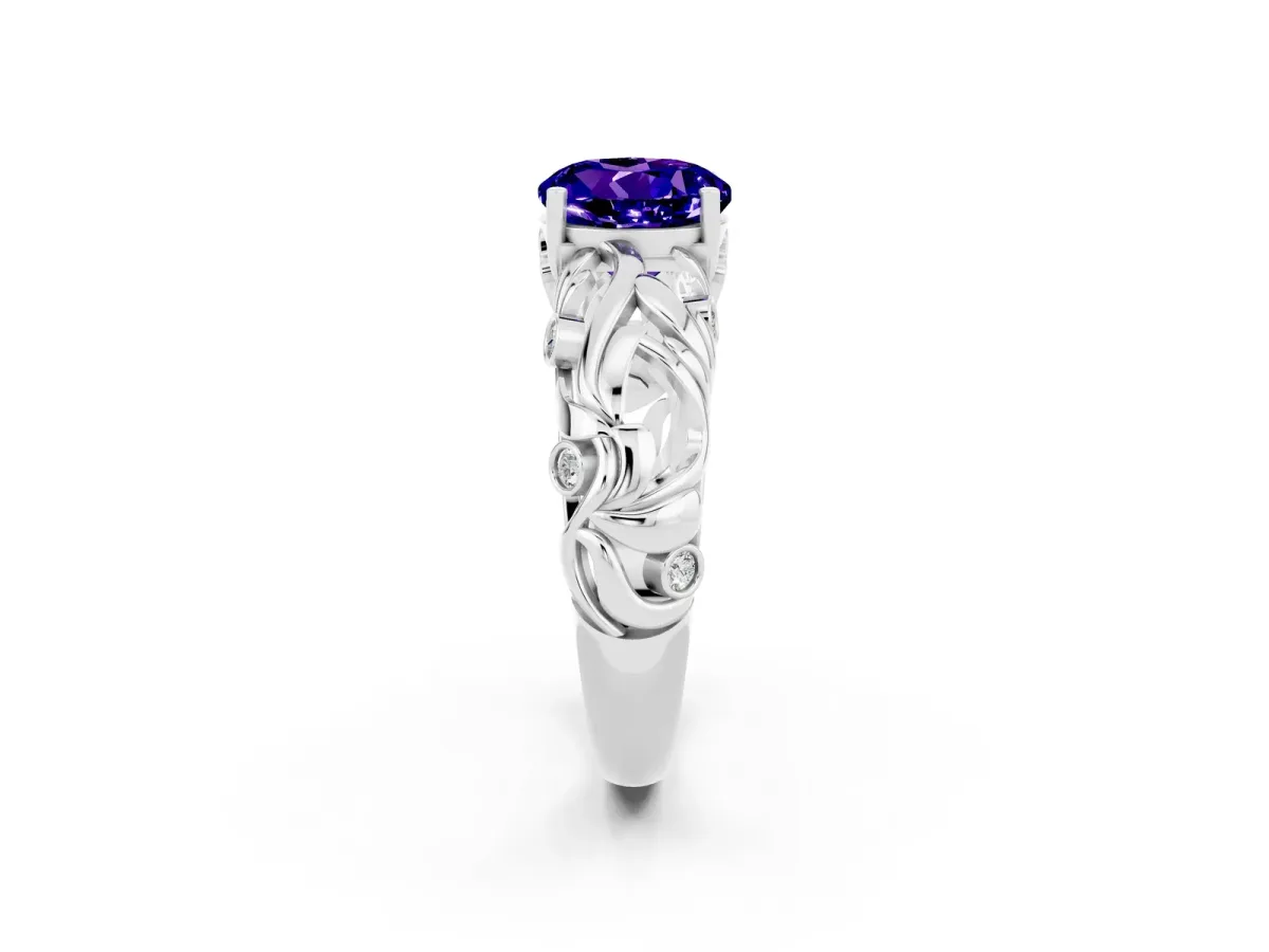 Round Cut Solitaire Tanzanite Leaf-Inspired Vine Band Ring with Prong Setting Silver