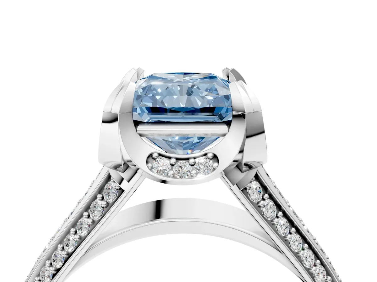 Fancy Blue Radiant Cut Solitaire Pave Split Shank Ring with Four-Prong Setting Platinum