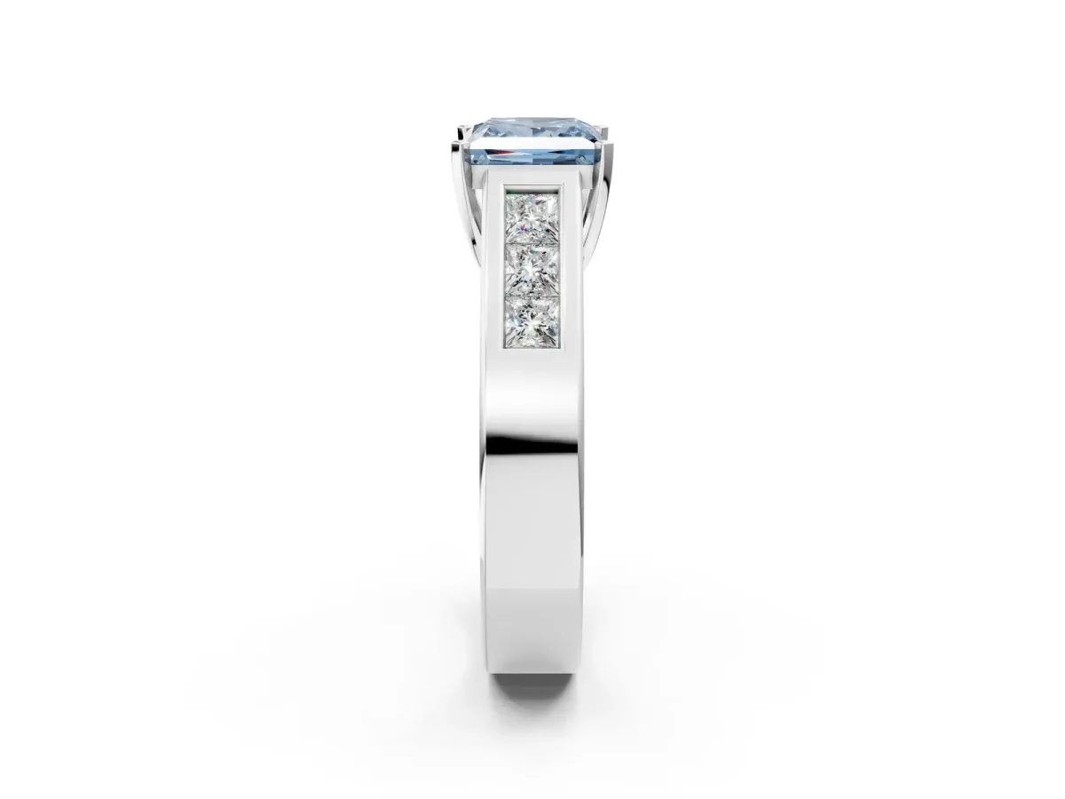 Fancy Blue Princess Cut Cut Channel Set Solitaire Ring with Four-Prong Setting Platinum