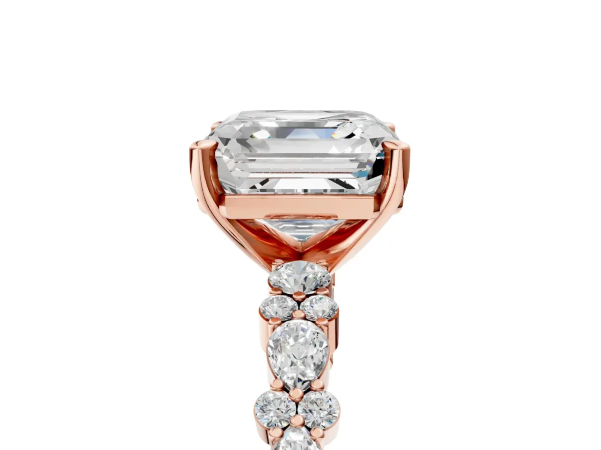 Asscher Cut Diamond Side Stone Solitaire Ring with Round and Four-Prong Setting Rose gold