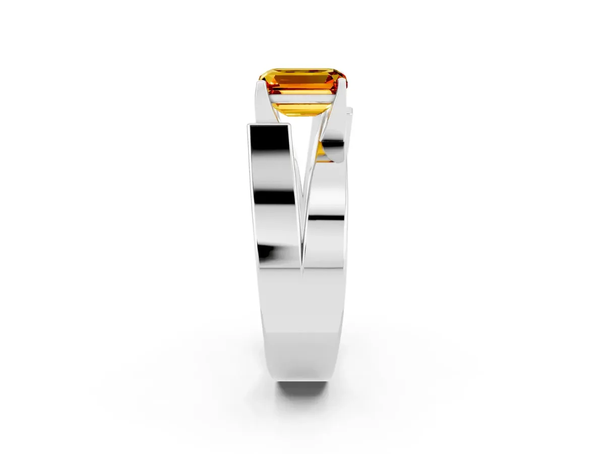 Modern Tension Set Emerald Cut Citrine Solitaire Wide Band Ring Platinum
