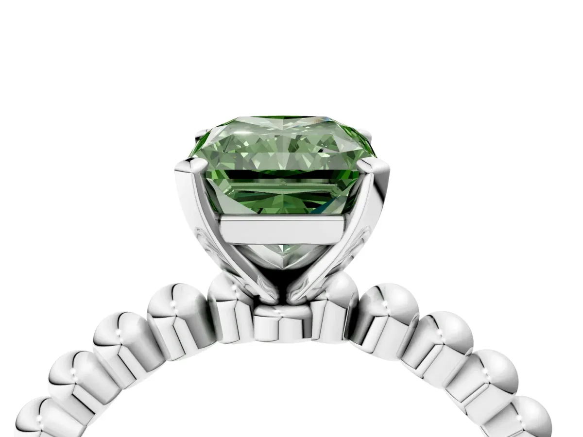 Fancy Green Radiant Cut Diamond Solitaire Ring with Beaded Band and Prong Setting Silver
