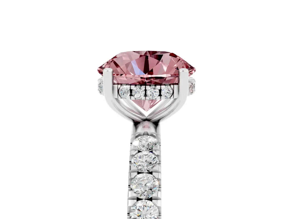 Round Cut Morganite Pave Band Solitaire Ring with Round and Prong Setting Platinum