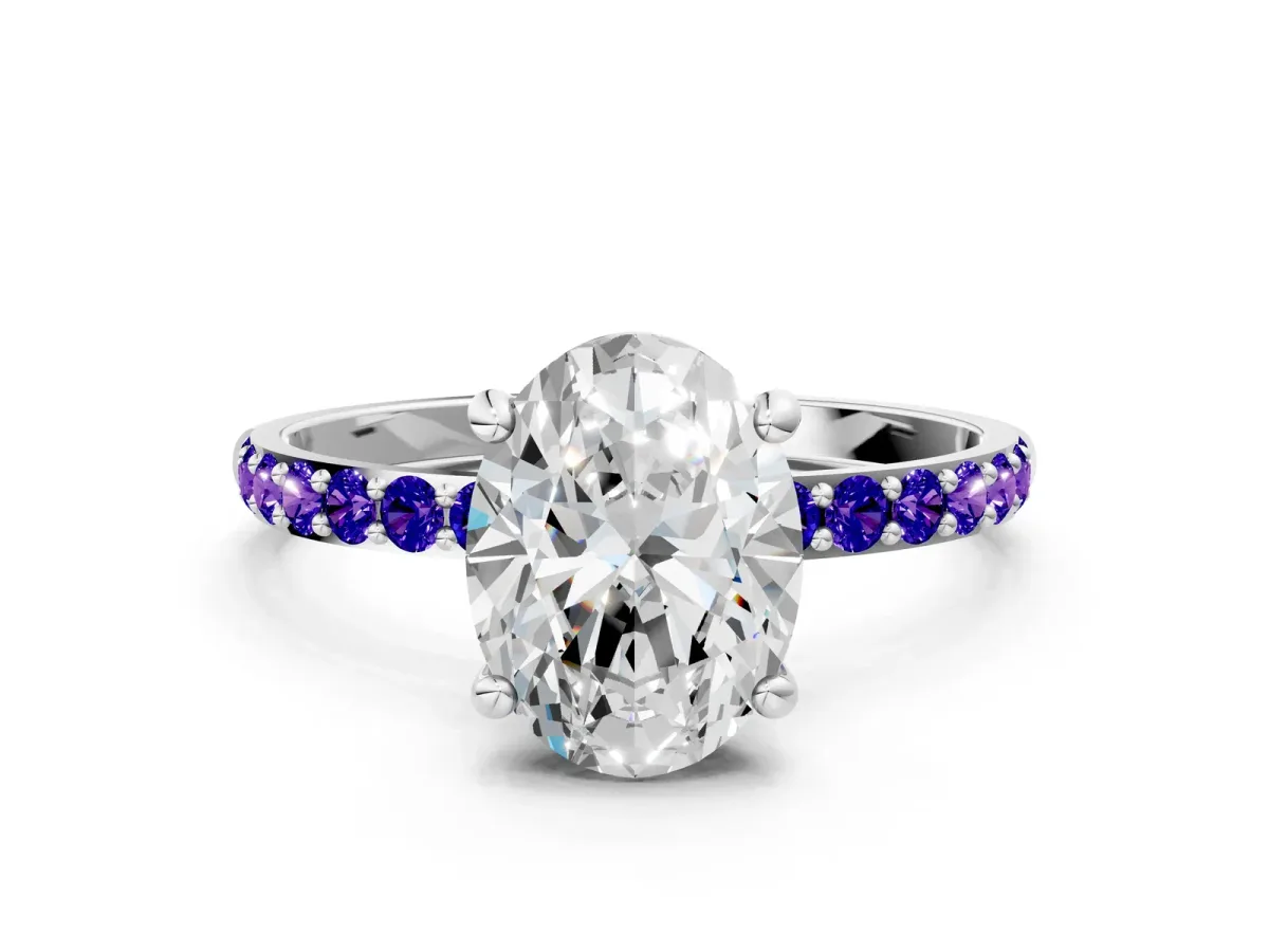 Oval Cut Diamond Solitaire Ring with Round Tanzanite Pavé Band and Prong Setting Silver