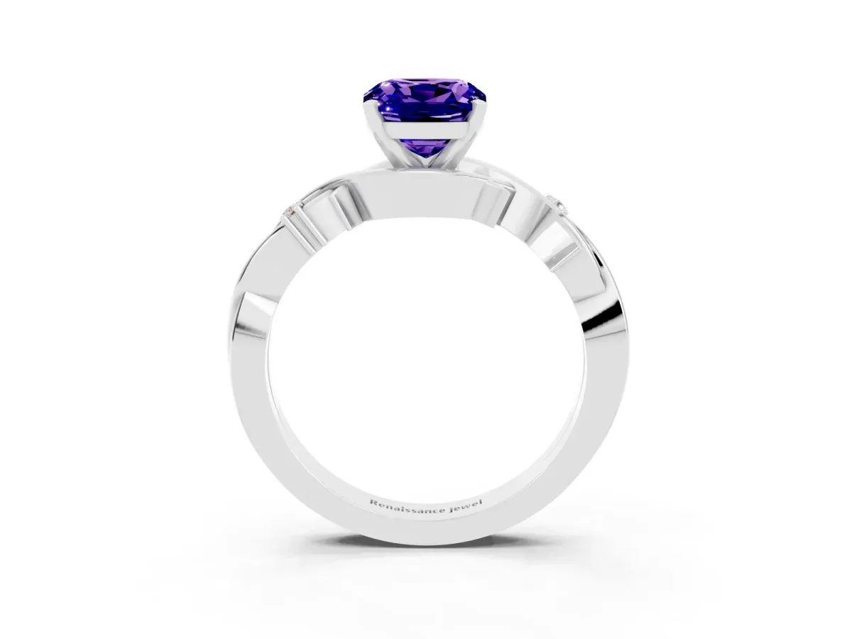 Cushion Cut Tanzanite Solitaire Ring with Twisted Band and Prong Setting Platinum