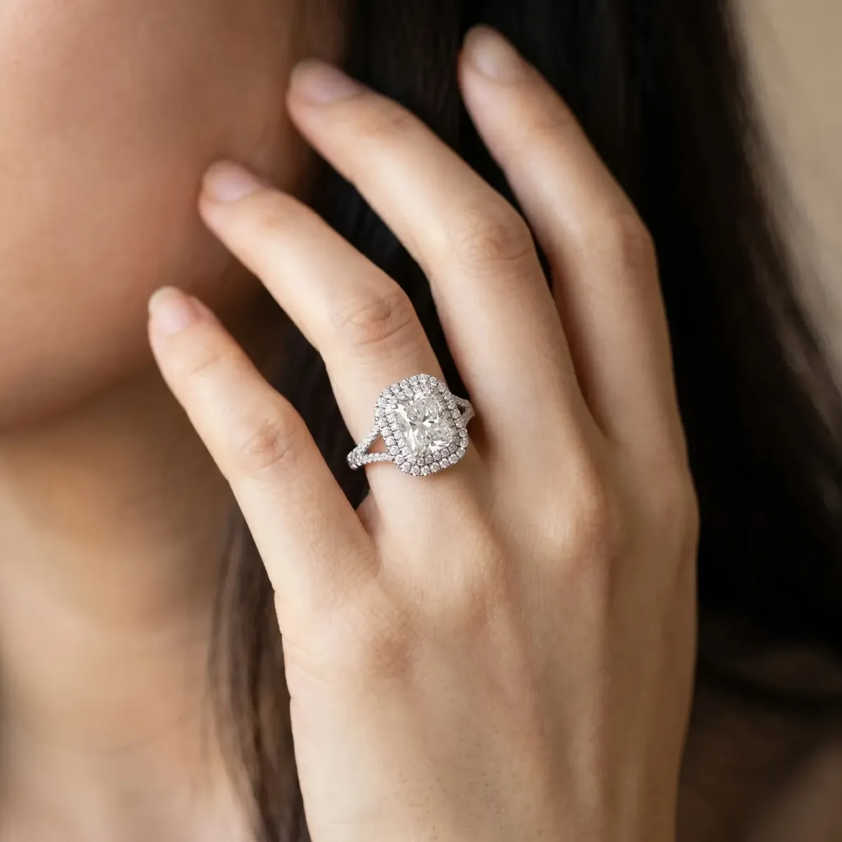 Radiant Cut Diamond Pavé Split Shank Double Halo Engagement Ring Platinum