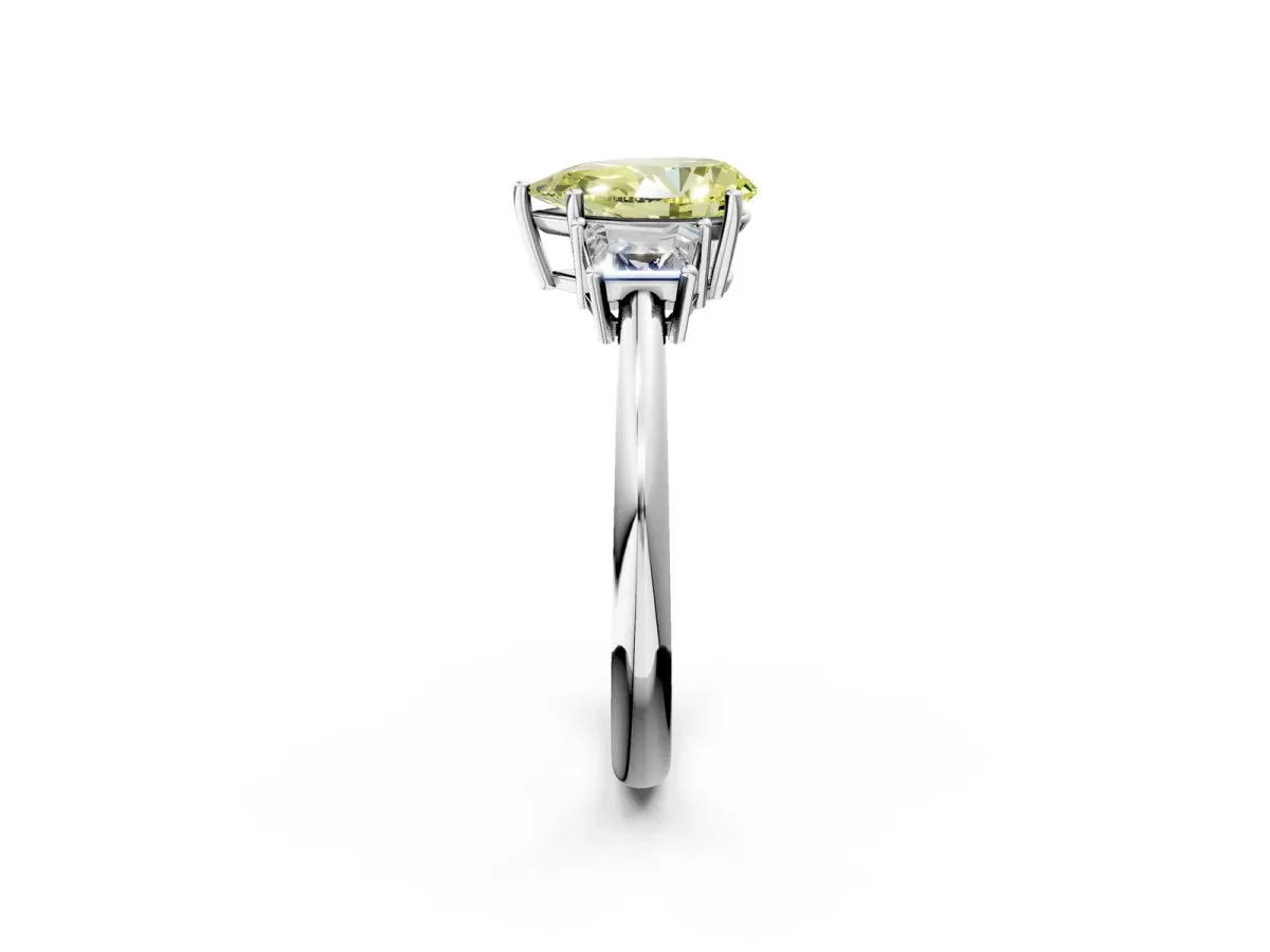 Fancy Yellow Pear Cut Diamond Three-Stone Ring with Trapezoid Side Stones and Prong Setting Platinum