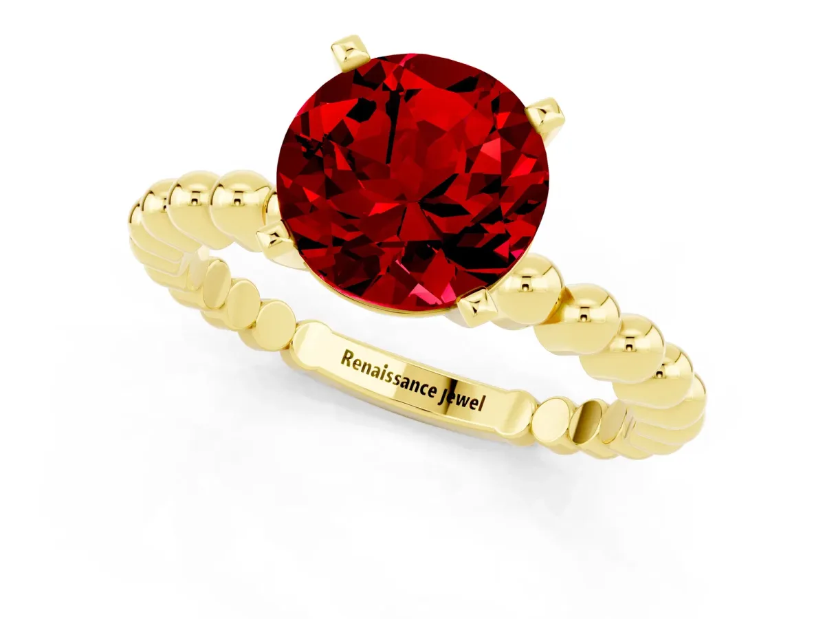 Round Cut Ruby Solitaire Ring with Beaded Band and Prong Setting Yellow gold
