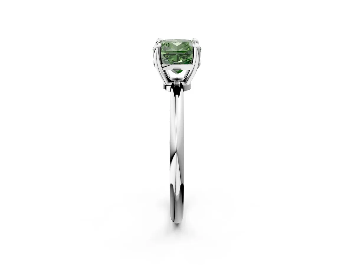 Fancy Green Cushion Cut Solitaire Diamond Ring with 4-Prong Setting on a Classic Band Silver