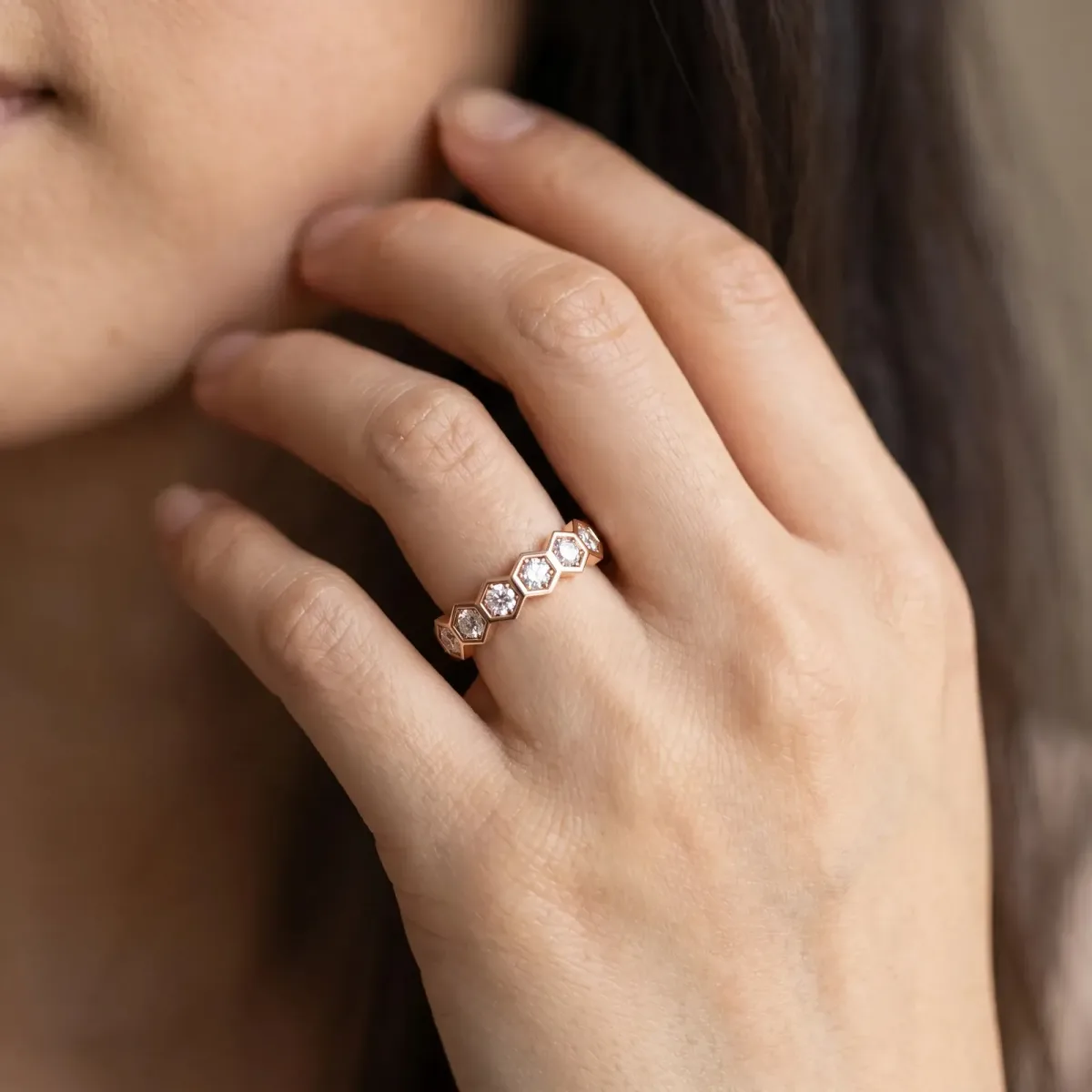 Hexagon Pave Diamond Eternity Band with Bezel Setting Rose gold
