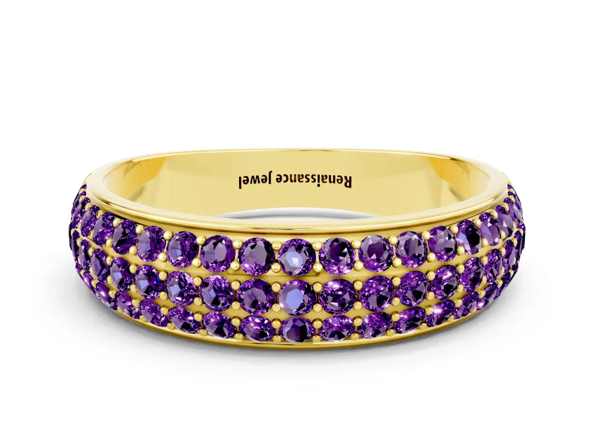 Three-Row Round Amethyst Eternity Band with Shared Prong Setting Yellow gold