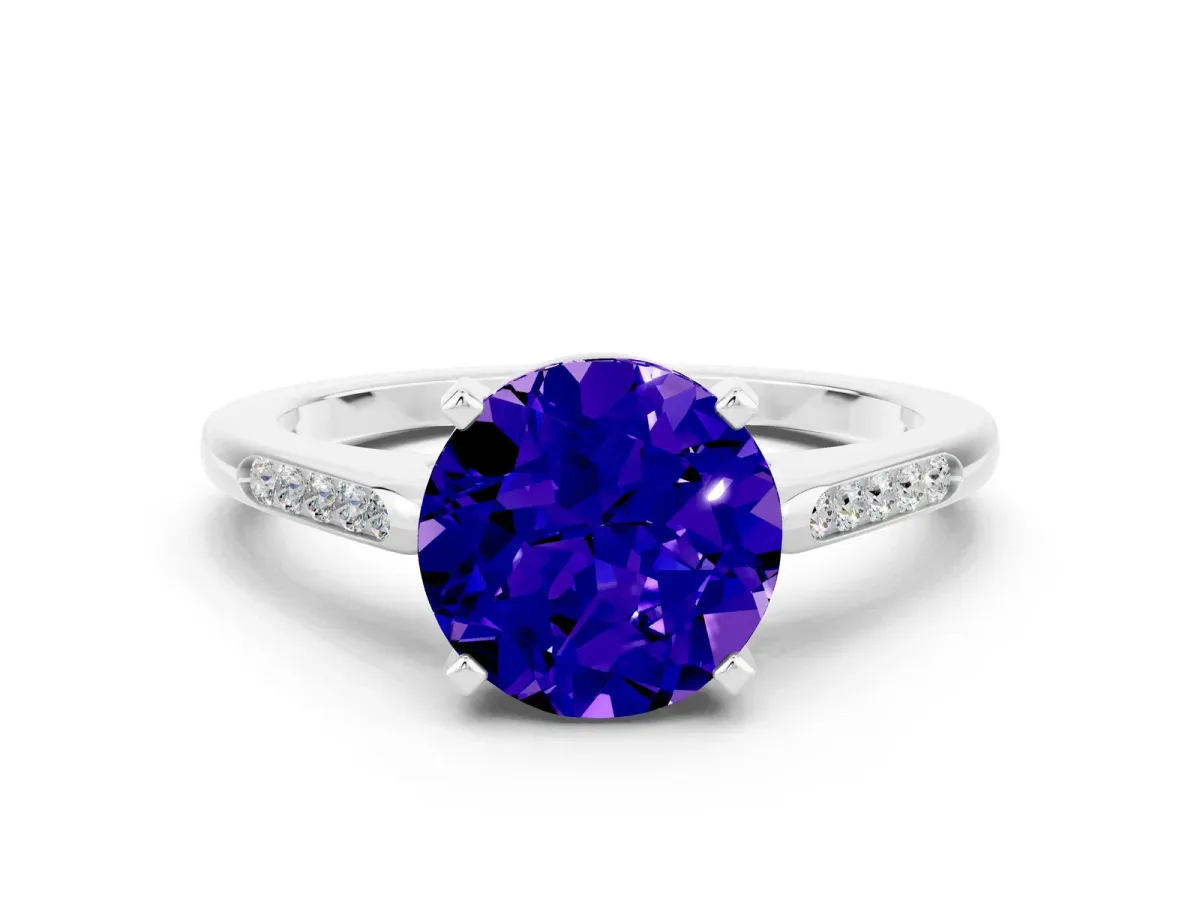 Round Cut Tanzanite Solitaire Ring with Channel Set Round Band and Prong Setting Silver