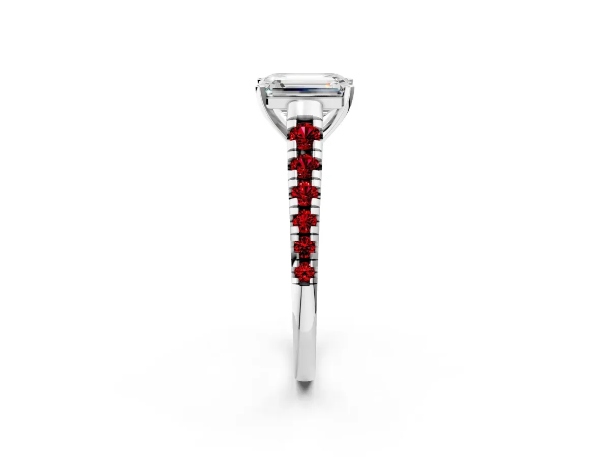 Emerald Cut Diamond Cathedral Solitaire Ring with Round Ruby Pavé Band Platinum