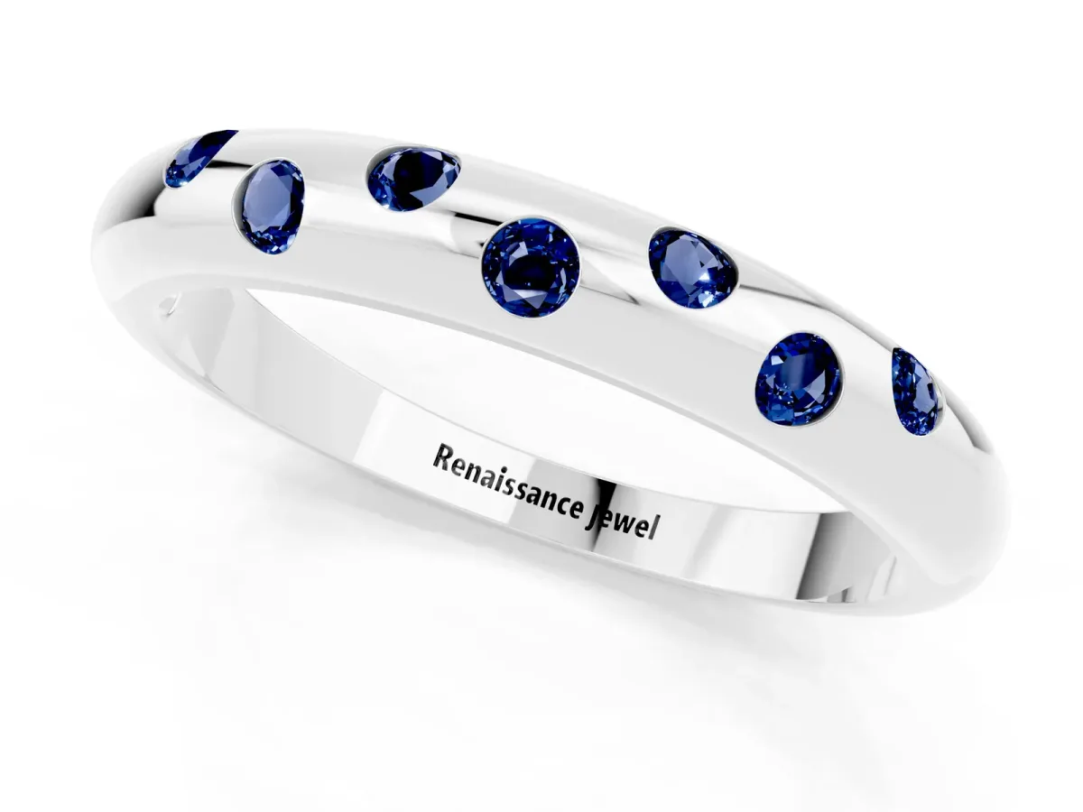 Round Blue Sapphire Flush-Set Comfort Fit Band White gold