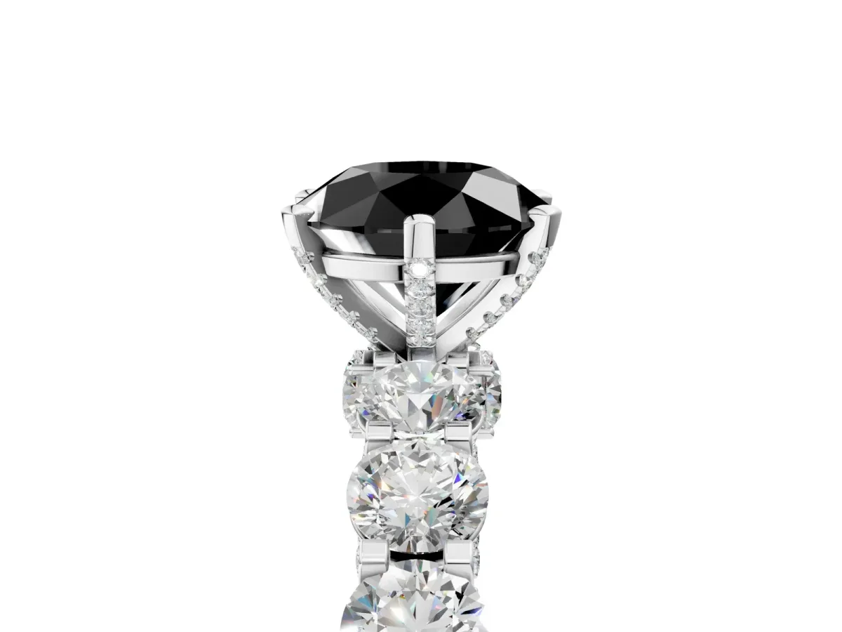 Fancy Black Round Cut Diamond Side Stone Engagement Ring with Four-Prong Setting Platinum