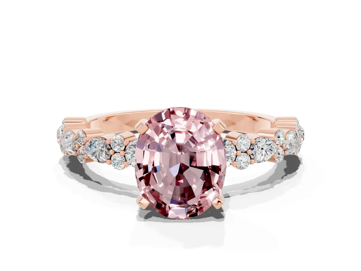 Oval Cut Morganite Side Stone Solitaire Ring with Round and Four-Prong Setting Rose gold