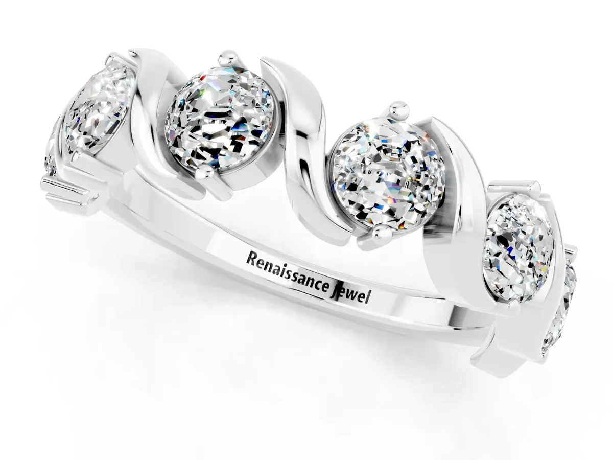 Round Moissanite Half Eternity Band with Wave Prong Setting White gold
