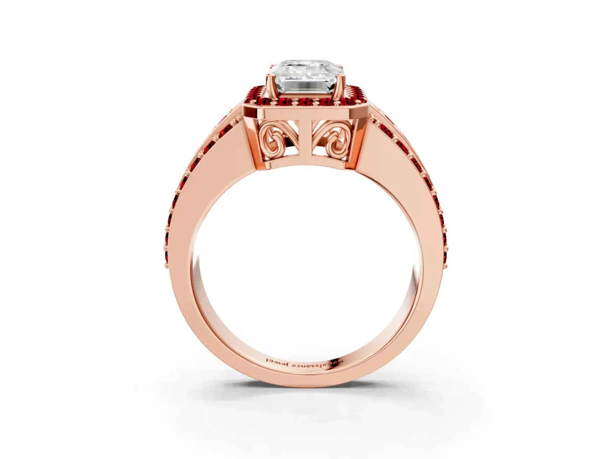 Emerald Cut Halo Diamond Ring with Round Ruby Split Shank and Prong Setting Rose gold