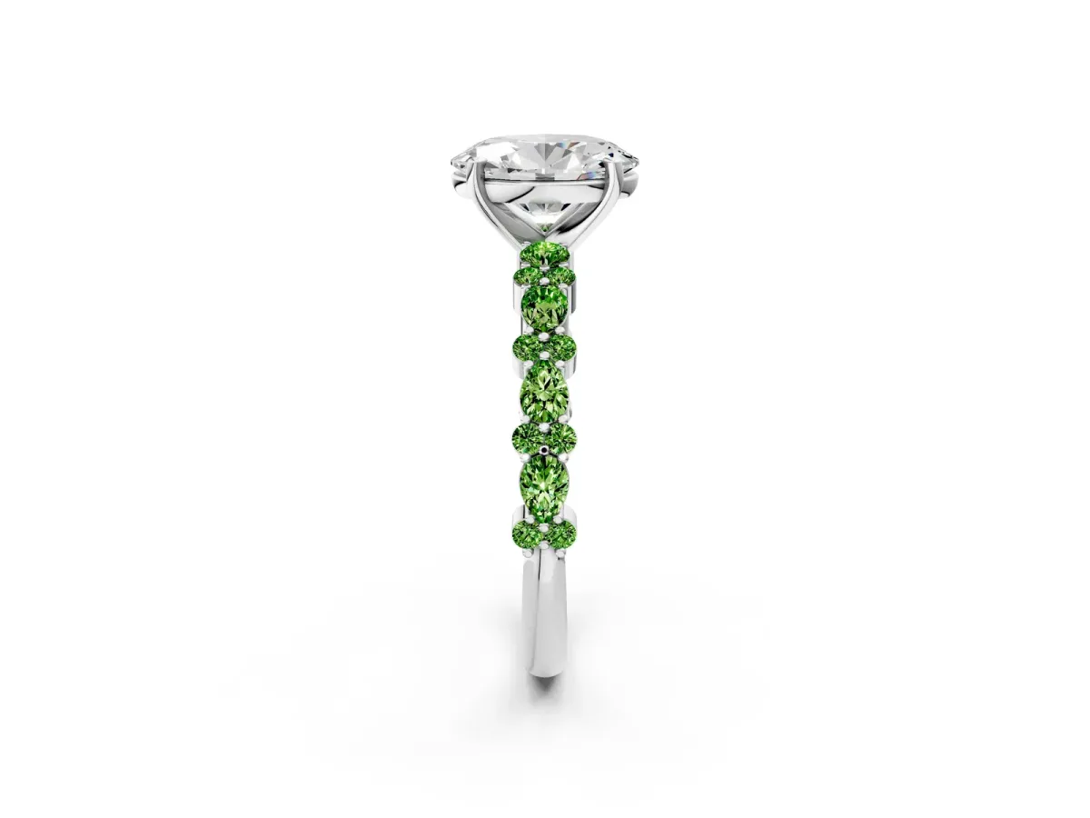 Oval Cut Diamond Side Stone Solitaire Ring with Round Peridot and Four-Prong Setting Silver
