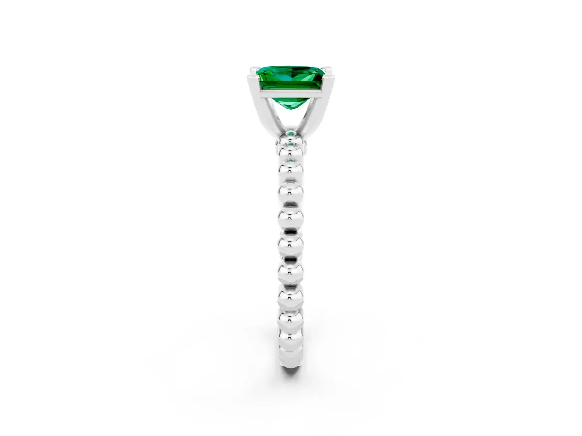 Princess Cut Emerald Solitaire Ring with Beaded Band and Prong Setting Silver