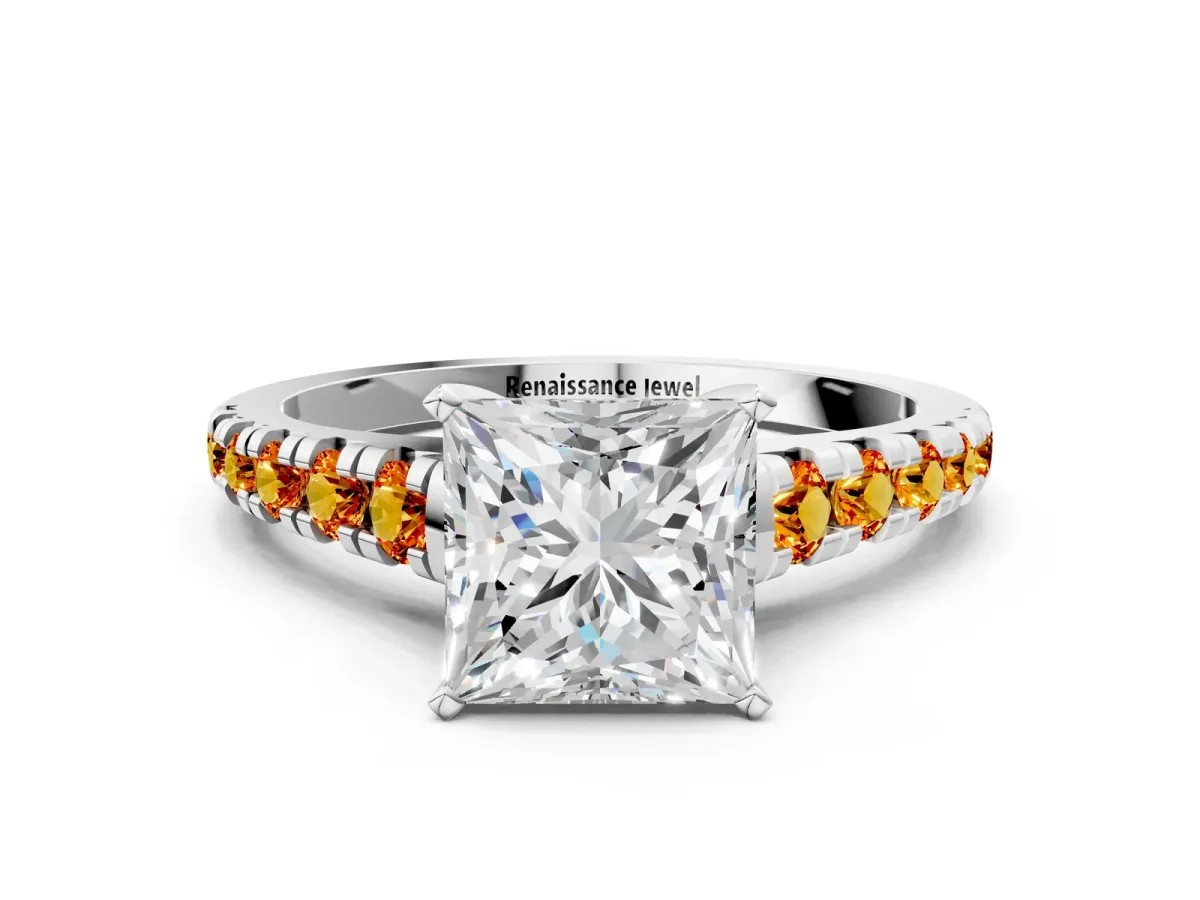 Princess Cut Diamond Cathedral Solitaire Ring with Round Citrine Pavé Band Silver