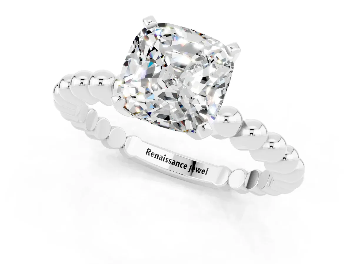 Cushion Cut Moissanite Solitaire Ring with Beaded Band and Prong Setting Silver
