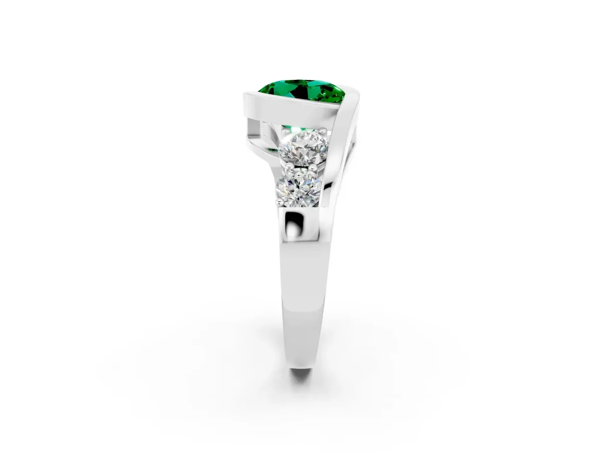 Bezel Set Round Cut Emerald Bypass Ring with Round Accents Silver
