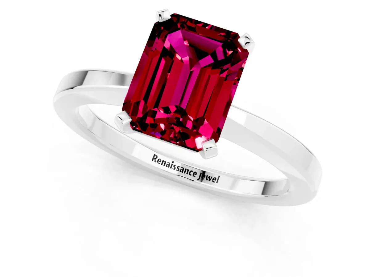 Emerald Cut Garnet Solitaire Engagement Ring with Classic Band and Four-Prong Setting Platinum