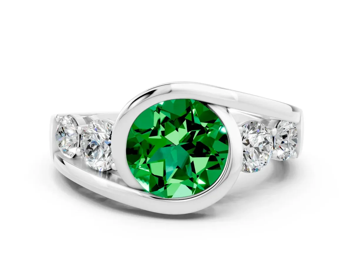 Bezel Set Round Cut Emerald Bypass Ring with Round Accents Silver