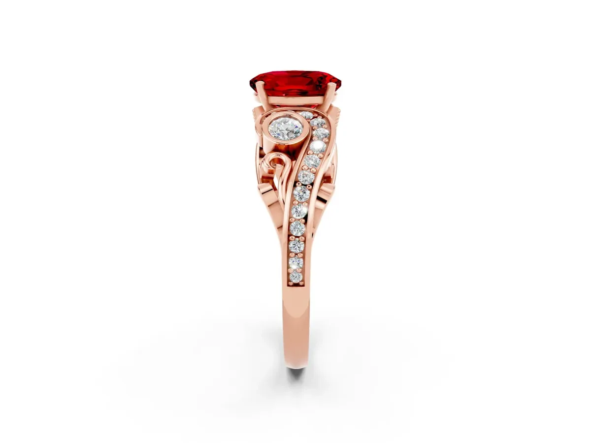 Oval Cut Ruby Solitaire Ring with Milgrain Pavé Band and Four-Prong Setting Rose gold