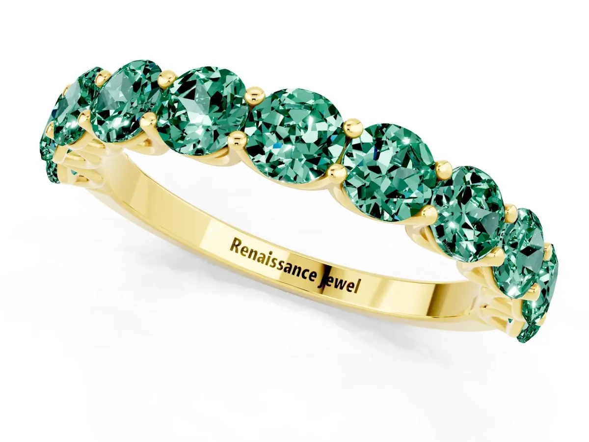 Round Green Sapphire Shared Prong Eternity Band Yellow gold