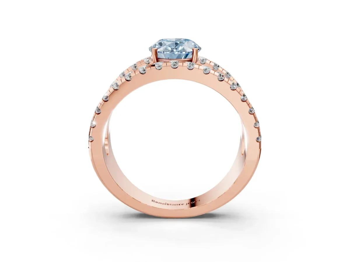 Fancy Blue Oval Cut Solitaire Split Shank Pave Diamond Ring Rose gold