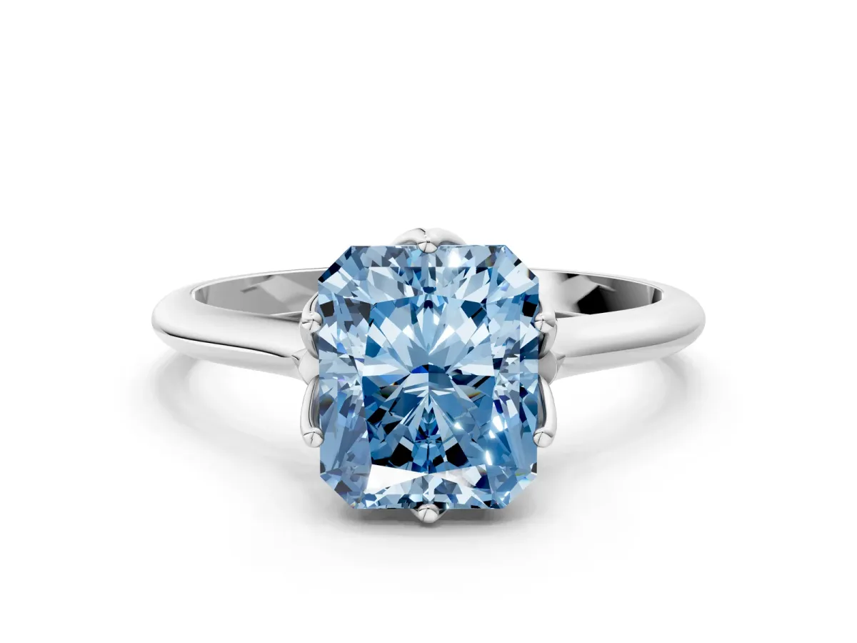 Fancy Blue Radiant Cut Solitaire Cathedral Diamond Ring with Six-Prong Setting Platinum