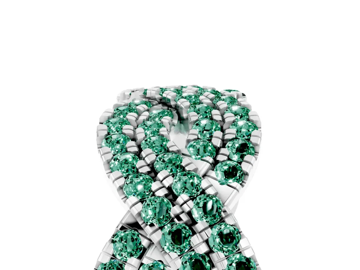 Pavé Round Green Sapphire Infinity Twist Band with Shared Prong Setting White gold