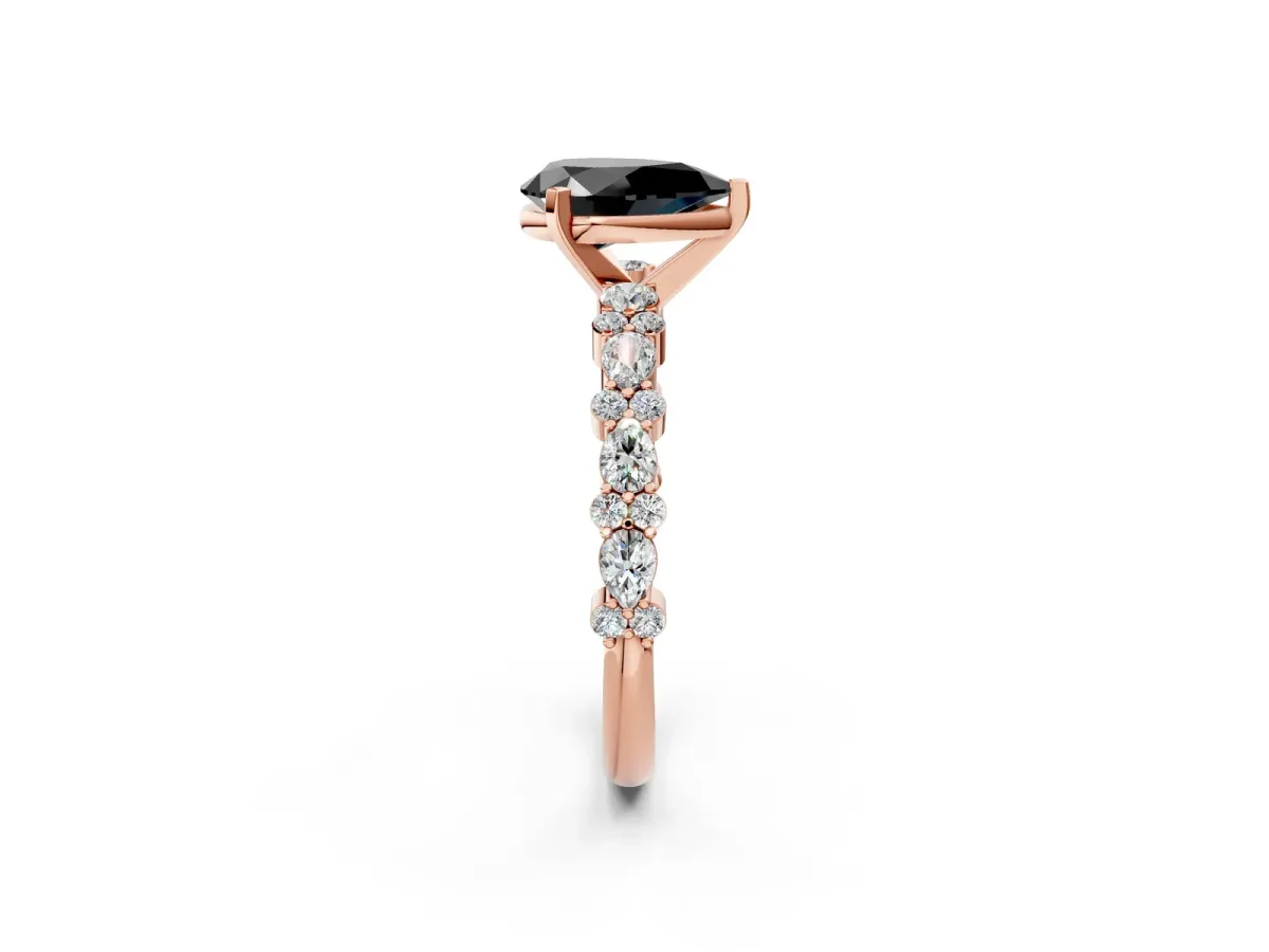 Fancy Black Pear Cut Diamond Side Stone Solitaire Ring with Round and Four-Prong Setting Rose gold