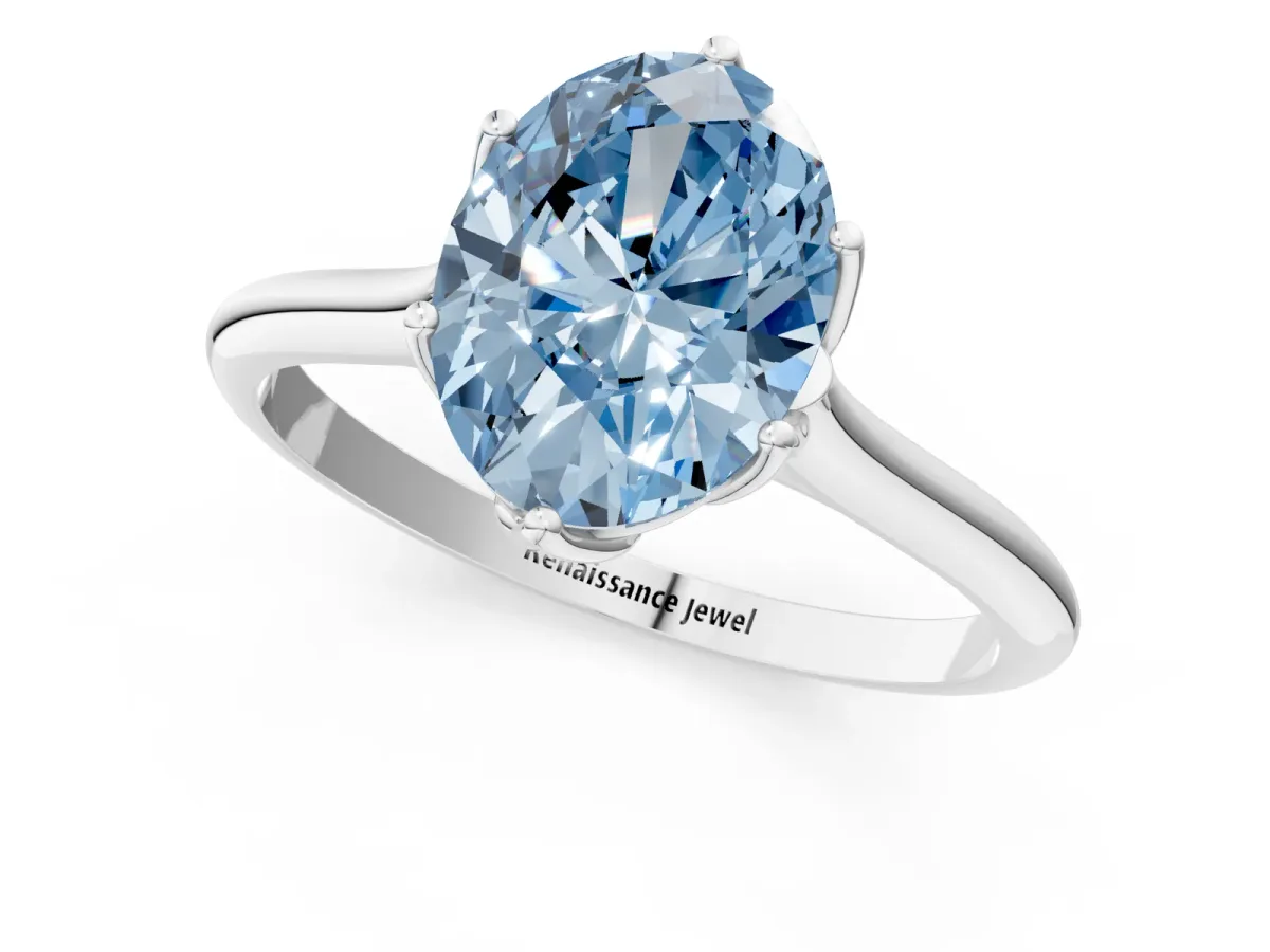 Fancy Blue Oval Cut Solitaire Cathedral Diamond Ring with Six-Prong Setting Silver