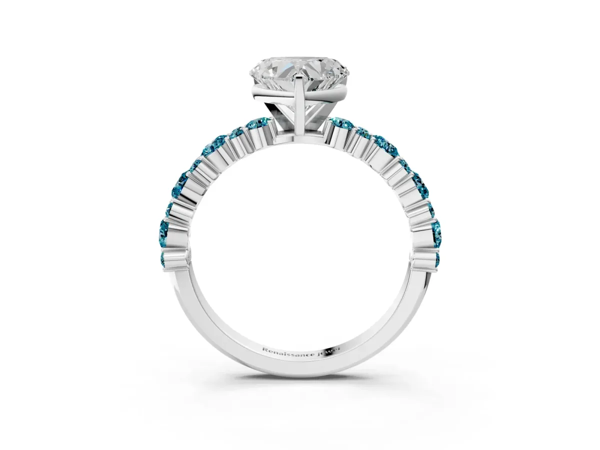 Heart Cut Diamond Side Stone Solitaire Ring with Round Blue Topaz and Four-Prong Setting Silver