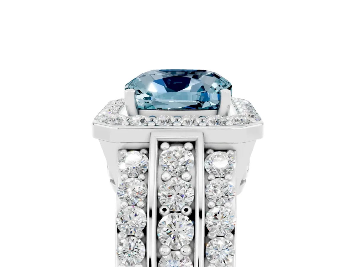 Cushion Cut Halo Aquamarine Ring with Round Split Shank and Prong Setting Silver