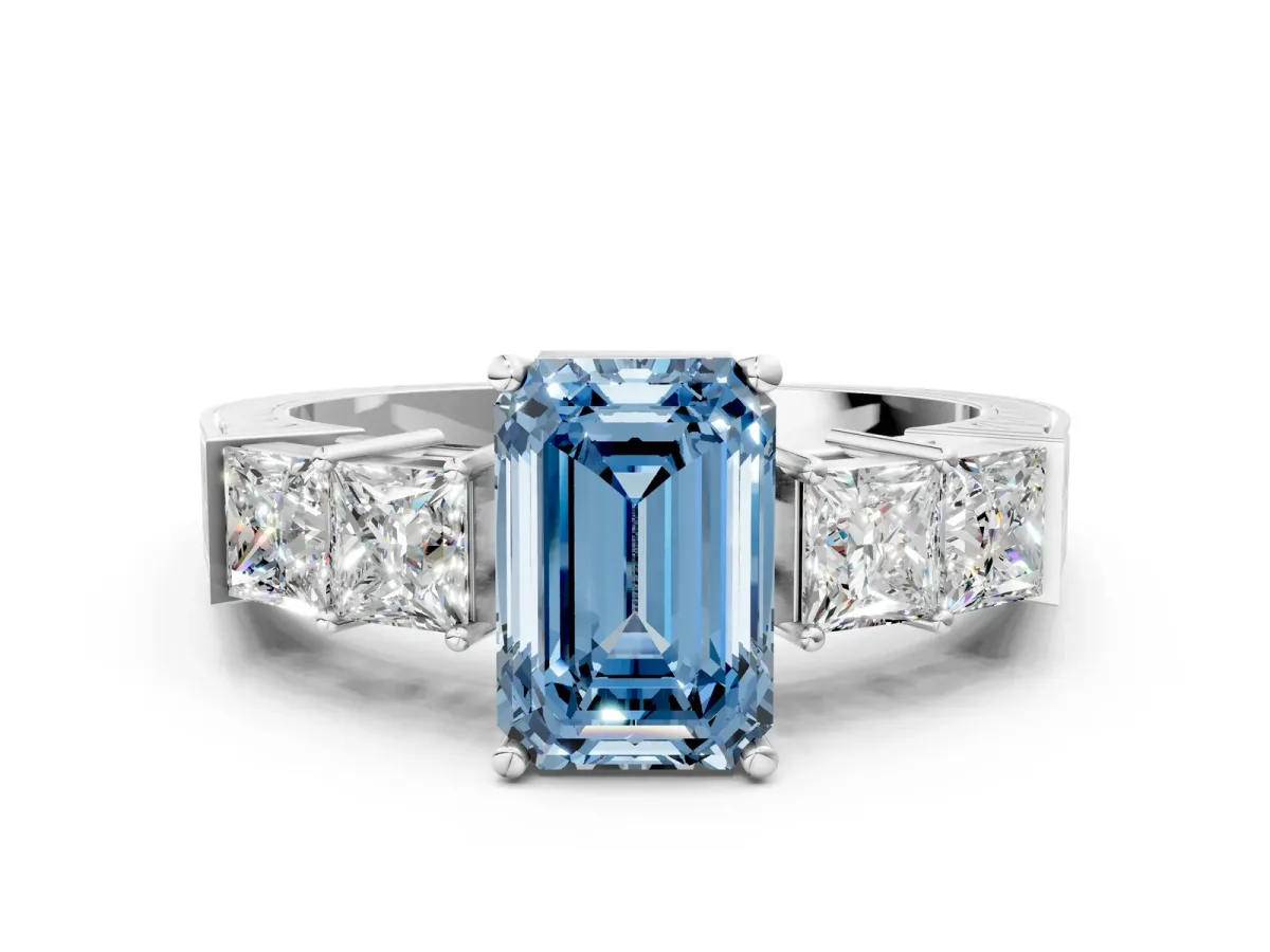 Fancy Blue Emerald Cut Solitaire Princess Side Stone Engraved Band Prong Setting Ring Silver