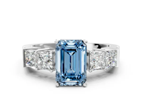 Fancy Blue Emerald Cut Solitaire Princess Side Stone Engraved Band Prong Setting Ring Platinum