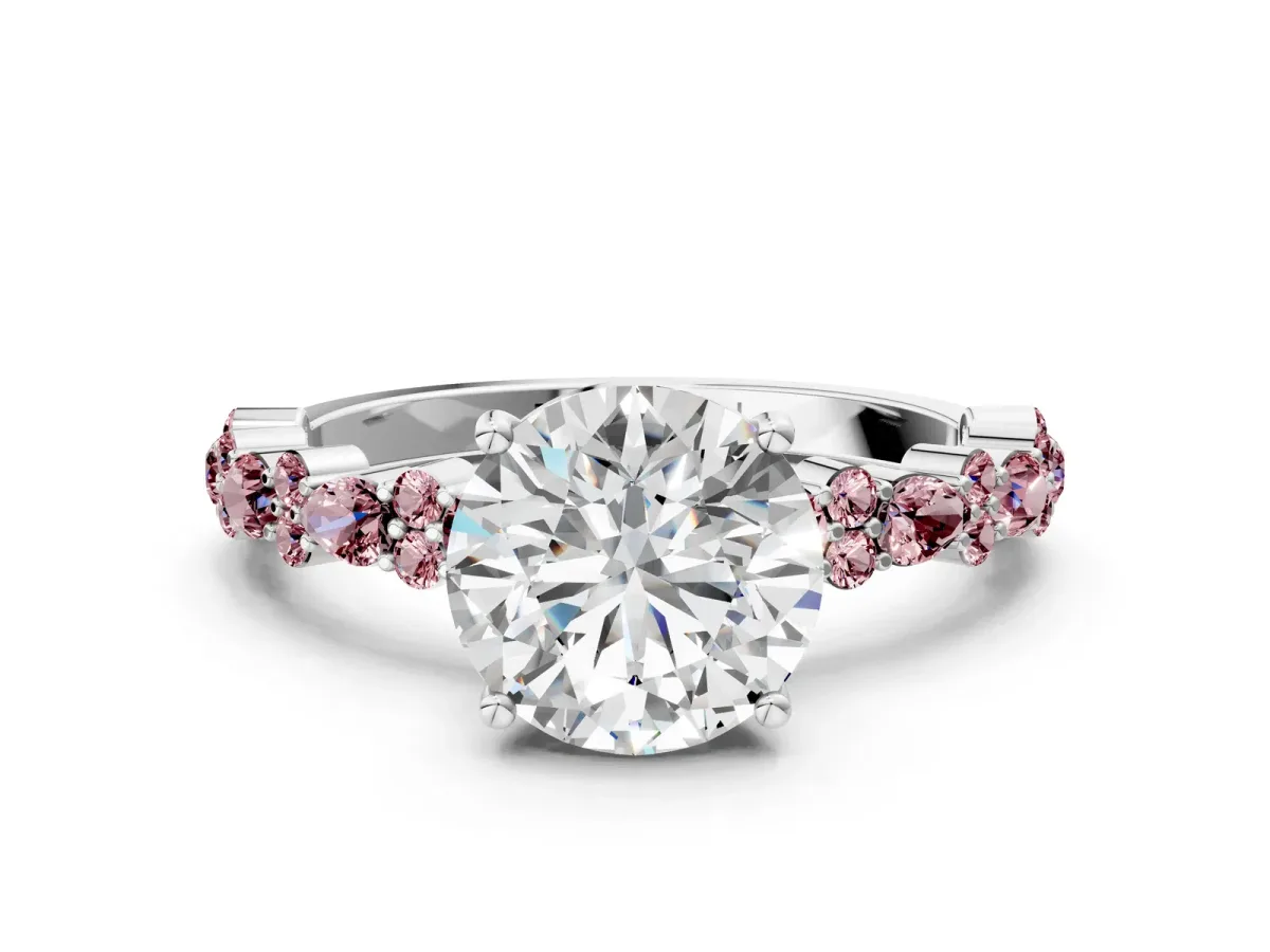 Round Cut Diamond Side Stone Solitaire Ring with Round Morganite and Four-Prong Setting Silver
