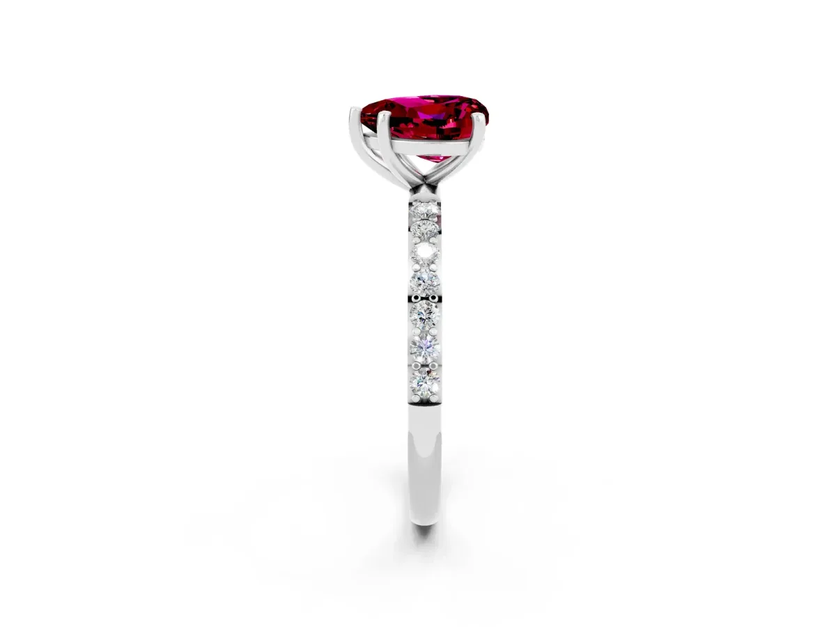 Heart Cut Garnet Solitaire Ring with Round Pavé Band and Prong Setting Silver