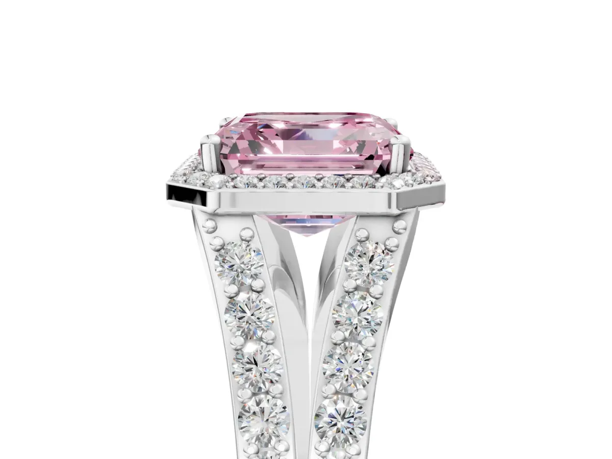 Fancy Pink Asscher Cut Diamond Split Shank Halo Ring with Four-Prong Setting Platinum